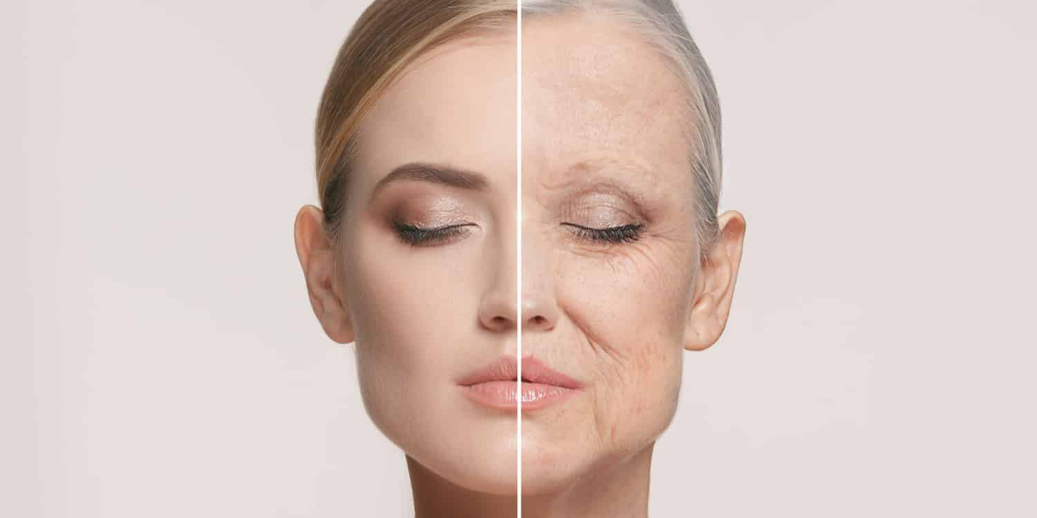 A face that is young on one side and older on the other, illustrating facial aging